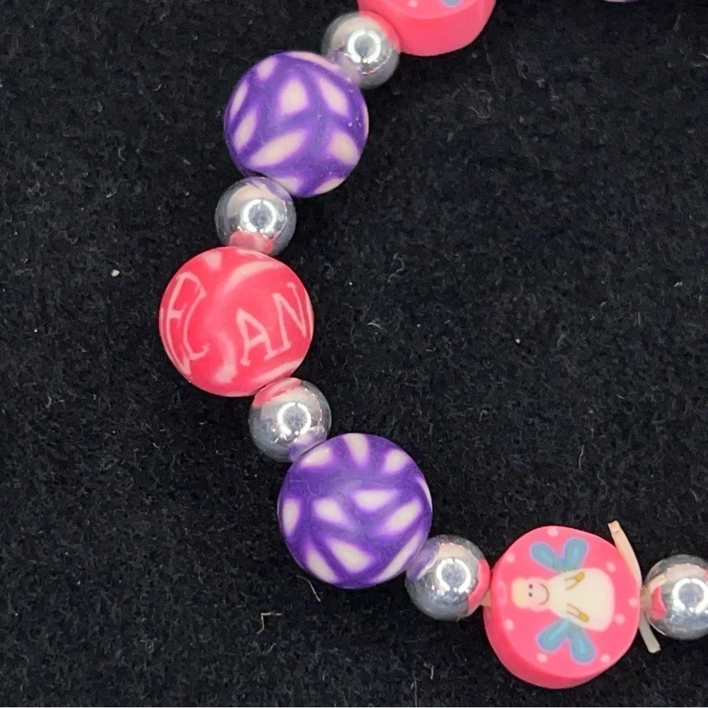 Vintage 90s Children’s Bracelet Neon Pink Angel Image Purple Accent 6” Length